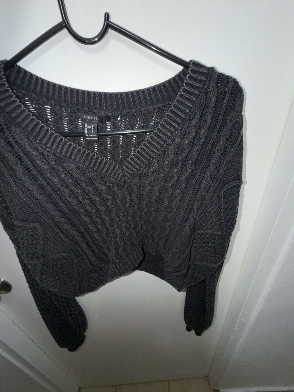 Forever 21 Charcoal Black Cable Knit V-Neck Sweater
